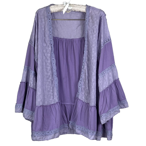 Pol Kimono Cardigan Women's L Purple Boho Lace Embroidered Color Block - Picture 1 of 7